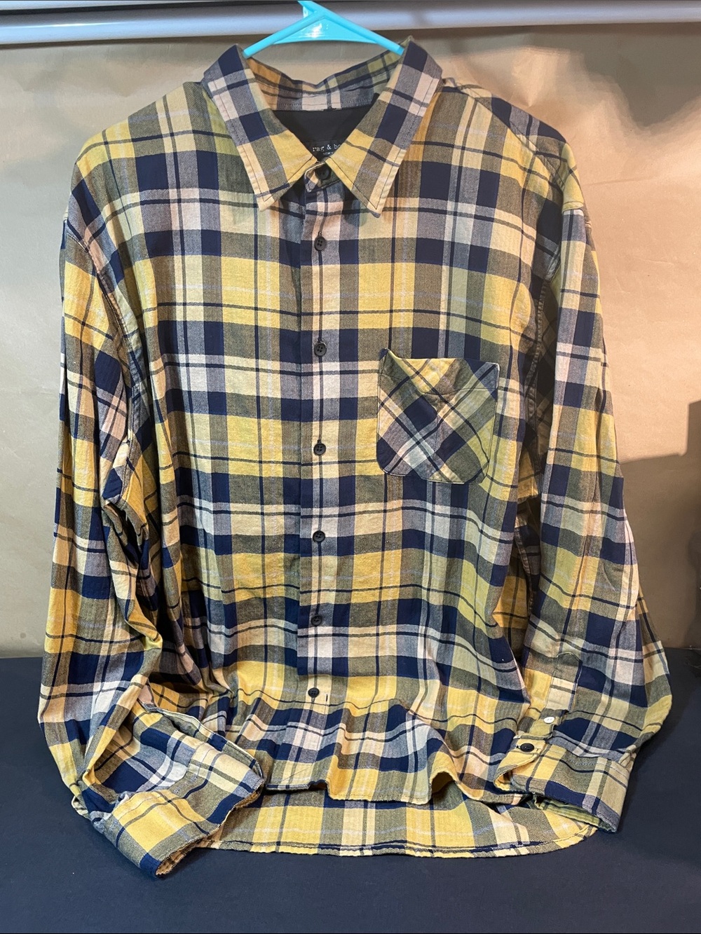 rag & bone Yellow and Navy Plaid Button-Down Shirt